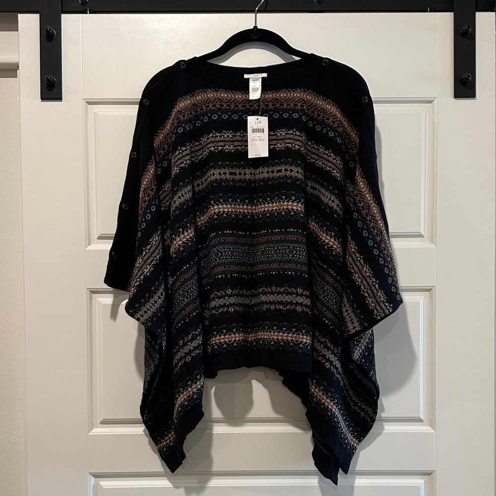 Women's Black and Brown Patterned Sweater Pancho